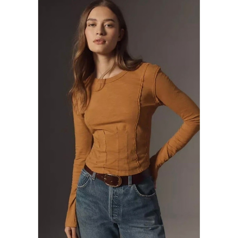 NEW Pilcro Anthropologie Honey Seamed Top Shirt L/S XS X-SMALL Cotton Fitted